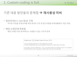 1. Custom-coding is Evil.

III. 재사용성

기존 대응 방안들의 문제점  재사용성 미비
• 일반언어(C++, Java 등)로 구현
저수준 코딩을 초래 (CEP를 위한 데이터 구조 및 알고리즘을 하위레벨에서 직접 구현)

• 해당 도메인에 특화됨
해당 도메인 외의 분야에서는 사용할 수 없는 구조적 한계

Knightmare 사건 (Knight Capital Group 사건)
고속으로 입력되는 많은 양의 고객의 주문(parent order)을
자체 알고리즘을 통해 child orders로 분할하여 자동으로 주식 매매  CEP의 한 종류
2012년 8월, 기존 알고리즘을 변경. 그러나, 코드에 Bug 존재 (이관 과정에서 Target 간 코드 불일치)
45분만에 5000억 이상의 손실 발생, 15억원의 벌금 부과, 결국 GETCO에 합병

38

Embian© 2013

 