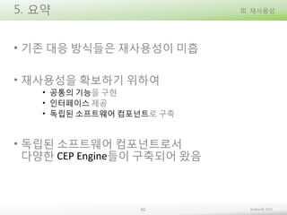 5. 요약

III. 재사용성

• 기존 대응 방식들은 재사용성이 미흡

• 재사용성을 확보하기 위하여
• 공통의 기능을 구현
• 인터페이스 제공
• 독립된 소프트웨어 컴포넌트로 구축

• 독립된 소프트웨어 컴포넌트로서
다양한 CEP Engine들이 구축되어 왔음

42

Embian© 2013

 