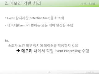 2. 메모리 기반 처리

IV. 즉시응답성

• Event 탐지시간(detection time)을 최소화
• 데이터(Event)가 변하는 모든 때에 연산을 수행

So,
속도가 느린 외부 장치에 데이터를 저장하지 않음

 메모리 내에서 직접 Event Processing 수행

45

Embian© 2013

 