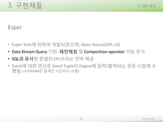 3. 구현체들

V. CEP 엔진

Esper
• Esper Tech에 의하여 개발되었으며, Open Source(GPL v2)
• Data Stream Query 기반. 패턴매칭 및 Composition-operator 기능 추가
• SQL과 유사한 문법의 EPL이라는 언어 제공
• Event에 대한 연산은 Event Tuple이 Engine에 입력/출력되는 모든 시점에 수
행됨 (STREAM은 정해진 시간마다 수행)

57

Embian© 2013

 