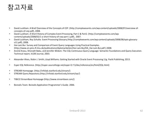 참고자료

•
•
•
•
•

David Luckham. A Brief Overview of the Concepts of CEP. (http://complexevents.com/wp-content/uploads/2008/07/overview-ofconcepts-of-cep.pdf), 2008.
David Luckham. A Short History of Complex Event Processing, Part 1 & Part2. (http://complexevents.com/wpcontent/uploads/2008/02/1-a-short-history-of-cep-part-1.pdf), 2007.
David Luckham, Roy Schulte. Event Processing Glossary (http://complexevents.com/wp-content/uploads/2008/08/epts-glossaryv11.pdf), 2008.
Hai-Lam Bui. Survey and Comparison of Event Query Languages Using Practical Examples.
(http://www.en.pms.ifi.lmu.de/publications/diplomarbeiten/Hai-Lam.Bui/DA_Hai-Lam.Bui.pdf ) 2008.
Arvind Arasu, Shivnath Babu, and Jennifer Widom. The CQL Continuous Query Language: Semantic Foundations and Query Execution.
Technical report, VLDB Journal, 2003.

•

Alexander Alves, Robin J. Smith, Lloyd Williams. Getting Started with Oracle Event Processing 11g. Packt Publishing, 2013.

•

Esper EQL Reference. (http://esper.sourceforge.net/esper-0.7.5/doc/reference/en/html/EQL.html)

•
•

STREAM Homepage. (http://infolab.stanford.edu/stream/)
STREAM Query Repository (http://infolab.stanford.edu/stream/sqr/)

•

TIBICO StreamBase Homepage (http://www.streambase.com/)

•

Borealis Team. Borealis Application Programmer’s Guide. 2006.

Embian© 2013

62

 