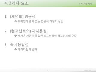 4. 3가지 요소

I. CEP의 시작

1. (개념의) 범용성
 도메인에 관계 없는 범용적 개념의 정립

2. (컴포넌트의) 재사용성
 재사용 가능한 독립된 소프트웨어 컴포넌트의 구축

3. 즉시응답성
 패러다임의 변화

9

Embian© 2013

 