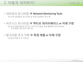2. 어떻게 대처하지?

I. CEP의 시작

• 네트워크 모니터링  Network Monitoring Tools
Ex) 서버 상태들의 모니터링 및 특정 상태에서 경고 등

• 비즈니스 모니터링  액티브 데이터베이스...