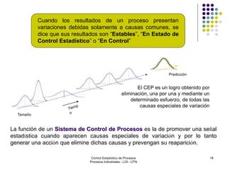18
Cuando los resultados de un proceso presentan
variaciones debidas solamente a causas comunes, se
dice que sus resultados son “Estables”, “En Estado de
Control Estadístico” o “En Control”
Tamaño
Predicción
El CEP es un logro obtenido por
eliminación, una por una y mediante un
determinado esfuerzo, de todas las
causas especiales de variación
La función de un Sistema de Control de Procesos es la de promover una señal
estadística cuando aparecen causas especiales de variación y por lo tanto
generar una acción que elimine dichas causas y prevengan su reaparición.
Control Estadístico de Procesos
Procesos Industriales - LOI - UTN
 