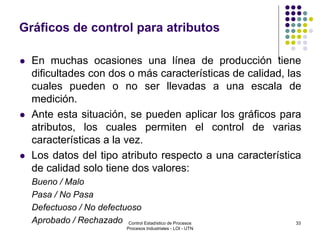 33
Gráficos de control para atributos
 En muchas ocasiones una línea de producción tiene
dificultades con dos o más características de calidad, las
cuales pueden o no ser llevadas a una escala de
medición.
 Ante esta situación, se pueden aplicar los gráficos para
atributos, los cuales permiten el control de varias
características a la vez.
 Los datos del tipo atributo respecto a una característica
de calidad solo tiene dos valores:
Bueno / Malo
Pasa / No Pasa
Defectuoso / No defectuoso
Aprobado / Rechazado Control Estadístico de Procesos
Procesos Industriales - LOI - UTN
 