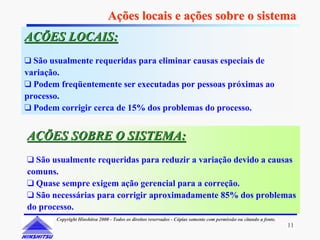 Ações locais e ações sobre o sistema
AÇÕES LOCAIS:
❑ São usualmente requeridas para eliminar causas especiais de
variação.
❑ Podem freqüentemente ser executadas por pessoas próximas ao
processo.
❑ Podem corrigir cerca de 15% dos problemas do processo.


AÇÕES SOBRE O SISTEMA:
❑ São usualmente requeridas para reduzir a variação devido a causas
comuns.
❑ Quase sempre exigem ação gerencial para a correção.
❑ São necessárias para corrigir aproximadamente 85% dos problemas
do processo.
       Copyright Hinshitsu 2000 - Todos os direitos reservados - Cópias somente com permissão ou citando a fonte.
                                                                                                                    11
 