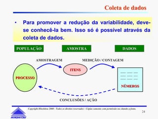 Coleta de dados

•   Para promover a redução da variabilidade, deve-
    se conhecê-la bem. Isso só é possível através da
    coleta de dados.
POPULAÇÃO                                 AMOSTRA                                                DADOS

            AMOSTRAGEM                                    MEDIÇÃO / CONTAGEM

                                              ITENS                                            ____ ____ ___
                                                                                               ____ ____ ___
PROCESSO                                                                                       ____ ____ ___


                                                                                                NÚMEROS


                                    CONCLUSÕES / AÇÃO

     Copyright Hinshitsu 2000 - Todos os direitos reservados - Cópias somente com permissão ou citando a fonte.
                                                                                                                  24
 