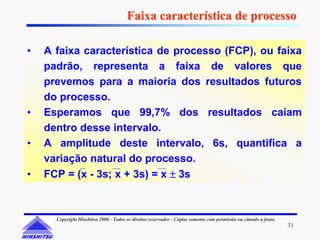 Faixa característica de processo

•   A faixa característica de processo (FCP), ou faixa
    padrão, representa a faixa de valores que
    prevemos para a maioria dos resultados futuros
    do processo.
•   Esperamos que 99,7% dos resultados caiam
    dentro desse intervalo.
•   A amplitude deste intervalo, 6s, quantifica a
    variação natural do processo.
•   FCP = (x - 3s; x + 3s) = x ± 3s



      Copyright Hinshitsu 2000 - Todos os direitos reservados - Cópias somente com permissão ou citando a fonte.
                                                                                                                   31
 