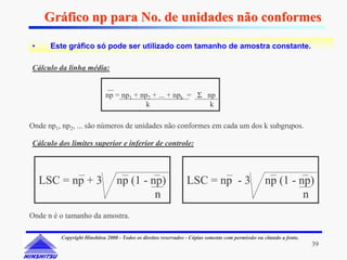 Gráfico np para No. de unidades não conformes

•     Este gráfico só pode ser utilizado com tamanho de amostra constante.

Cálculo da linha média:


                            np = np1 + np2 + ... + npk = Σ np
                                         k                  k

Onde np1, np2, ... são números de unidades não conformes em cada um dos k subgrupos.

Cálculo dos limites superior e inferior de controle:



    LSC = np + 3                 np (1 - np)                    LSC = np - 3                       np (1 - np)
                                          n                                                                 n
Onde n é o tamanho da amostra.

         Copyright Hinshitsu 2000 - Todos os direitos reservados - Cópias somente com permissão ou citando a fonte.
                                                                                                                      39
 