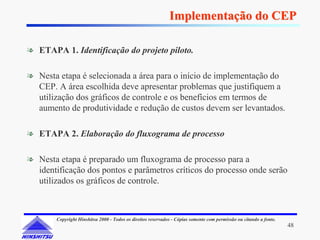 Implementação do CEP

❧ ETAPA 1. Identificação do projeto piloto.

❧ Nesta etapa é selecionada a área para o início de implementação do
  CEP. A área escolhida deve apresentar problemas que justifiquem a
  utilização dos gráficos de controle e os benefícios em termos de
  aumento de produtividade e redução de custos devem ser levantados.

❧ ETAPA 2. Elaboração do fluxograma de processo

❧ Nesta etapa é preparado um fluxograma de processo para a
  identificação dos pontos e parâmetros críticos do processo onde serão
  utilizados os gráficos de controle.



        Copyright Hinshitsu 2000 - Todos os direitos reservados - Cópias somente com permissão ou citando a fonte.
                                                                                                                     48
 