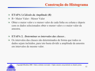 Construção do Histograma

❧ ETAPA 1.Cálculo da Amplitude (R)
❧ R= Maior Valor - Menor Valor
❧ Obter o maior valor e o menor valor de cada linha ou coluna e depois
  com os dados selecionados obter o menor valor e o maior valor da
  amostra.

❧ ETAPA 2. Determinar os intervalos das classes .
❧ Os intervalos das classes são determinados de forma que todos os
  dados sejam incluídos, para isto basta dividir a amplitude da amostra
  em intervalos de mesmo valor.




        Copyright Hinshitsu 2000 - Todos os direitos reservados - Cópias somente com permissão ou citando a fonte.
                                                                                                                     52
 