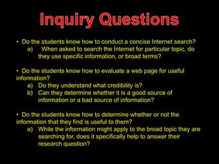 • Do the students know how to conduct a concise Internet search? 
a) When asked to search the Internet for particular topic, do 
they use specific information, or broad terms? 
• Do the students know how to evaluate a web page for useful 
information? 
a) Do they understand what credibility is? 
b) Can they determine whether it is a good source of 
information or a bad source of information? 
• Do the students know how to determine whether or not the 
information that they find is useful to them? 
a) While the information might apply to the broad topic they are 
searching for, does it specifically help to answer their 
research question? 
 