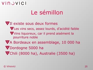 Le sémillon Il existe sous deux formes Les vins secs, assez lourds, d’acidité faible Vins liquoreux, car il prend aisément la pourriture noble A Bordeaux en assemblage, 10 000 ha Dordogne 5000 ha Chili (8000 ha), Australie (3500 ha) 