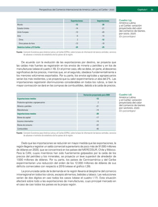 71
Capítulo I
Perspectivas del Comercio Internacional de América Latina y el Caribe • 2020
Exportaciones Importaciones
Mundo -13 -20
Estados Unidos -14 -21
Unión Europea -13 -20
Asia -5 -14
China 2 -12
Otros países de Asia -13 -18
América Latina y El Caribe -24 -24
Fuente:	Comisión Económica para América Latina y el Caribe (CEPAL), sobre la base de información de bancos centrales, servicios
de aduanas e institutos de estadística de los países de la región.
De acuerdo con la evolución de las exportaciones por destino, se proyecta que
las caídas más fuertes se registrarán en los envíos de minería y petróleo y en los de
manufacturas (véase el cuadro I.16). En el primer caso, ello se debe, en parte, al descenso
significativo de los precios, mientras que, en el segundo, obedece fundamentalmente a
los menores volúmenes exportados. Por su parte, los envíos agrícolas y agropecuarios
serían los más resilientes, y se proyecta que su valor experimentaría un alza del 2%. Las
importaciones registrarán disminuciones considerables en todos los rubros, si bien la
mayor contracción se dará en las compras de combustibles, debido a la caída de precios.
Cuadro I.15
América Latina
y el Caribe: variación
proyectada del valor
del comercio de bienes,
por socio, 2020
(En porcentajes)
Cuadro I.16
América Latina
y el Caribe: variación
proyectada del valor
del comercio de bienes
por sectores, 2020
(En porcentajes)
Variación proyectada para 2020
Exportaciones totales -13
Productos agrícolas y agropecuarios 2
Minería y petróleo -21
Manufacturas -14
Importaciones totales -20
Bienes de capital -17
Insumos intermedios -14
Bienes de consumo -22
Combustibles -40
Fuente:	Comisión Económica para América Latina y el Caribe (CEPAL), sobre la base de información de bancos centrales, servicios
de aduanas e institutos de estadística de los países de la región.
Dado que las importaciones se reducirán en mayor medida que las exportaciones, la
región llegaría a registrar un saldo comercial superavitario de poco más de 91.000 millones
de dólares en 2020, que se concentrará en los países del MERCOSUR, Chile y México.
Para la CAN, cuyos miembros han sido fuertemente golpeados por la caída de los
precios del petróleo y los minerales, se proyecta un leve superávit de alrededor de
1.000 millones de dólares. Por su parte, los países de Centroamérica y del Caribe
experimentarían una reducción del orden de los 12.000 millones de dólares de sus
déficits comerciales con respecto a 2019 (véase el gráfico I.28).
La pronunciada caída de la demanda en la región llevaría al desplome del comercio
intrarregional en todos los rubros, excepto alimentos, bebidas y tabaco. Las reducciones
serían de dos dígitos en casi todos los casos (véase el cuadro I.17). Esta situación
afectará sobre todo a las exportaciones de manufacturas, cuyo principal mercado en
el caso de casi todos los países es la propia región.
 