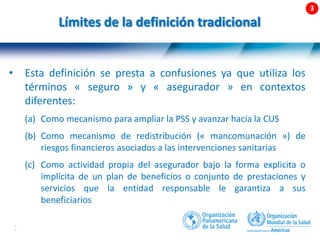 38 |
• Esta definición se presta a confusiones ya que utiliza los
términos « seguro » y « asegurador » en contextos
diferentes:
(a) Como mecanismo para ampliar la PSS y avanzar hacia la CUS
(b) Como mecanismo de redistribución (« mancomunación ») de
riesgos financieros asociados a las intervenciones sanitarias
(c) Como actividad propia del asegurador bajo la forma explicita o
implícita de un plan de beneficios o conjunto de prestaciones y
servicios que la entidad responsable le garantiza a sus
beneficiarios
Límites de la definición tradicional
 