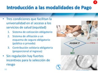 50 |
Introducción a las modalidades de Pago
• Tres condiciones que facilitan la
universalidad en el acceso a los
servicios de salud (equidad)
1. Sistema de cotización obligatorio
2. Sistema de afiliación a un
esquema de seguro obligatorio
(público o privado)
3. Contribución solidaria obligatoria
(proporcional al ingreso)
• Sin regulación hay fuertes
incentivos para la selección de
riesgo
 