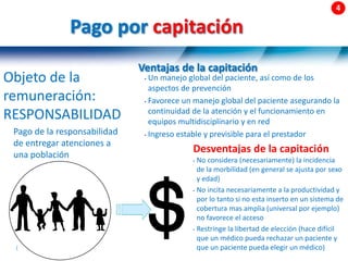 60 |
Objeto de la
remuneración:
RESPONSABILIDAD
Pago de la responsabilidad
de entregar atenciones a
una población
Pago por capitación
Ventajas de la capitación
• Un manejo global del paciente, así como de los
aspectos de prevención
• Favorece un manejo global del paciente asegurando la
continuidad de la atención y el funcionamiento en
equipos multidisciplinario y en red
• Ingreso estable y previsible para el prestador
Desventajas de la capitación
• No considera (necesariamente) la incidencia
de la morbilidad (en general se ajusta por sexo
y edad)
• No incita necesariamente a la productividad y
por lo tanto si no esta inserto en un sistema de
cobertura mas amplia (universal por ejemplo)
no favorece el acceso
• Restringe la libertad de elección (hace difícil
que un médico pueda rechazar un paciente y
que un paciente pueda elegir un médico)
 
