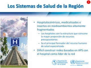 9 |
Los Sistemas de Salud de la Región
• Hospitalocéntricos, medicalizados e
insertos en medioambientes altamente
fragmentados
– Los hospitales son la estructura que consume
la mayor proporción de recursos
presupuestarios
– So el principal formador del recurso humano
de salud especializado
• Difícil construir redes basadas en APS con
el hospital como líder de la red
 