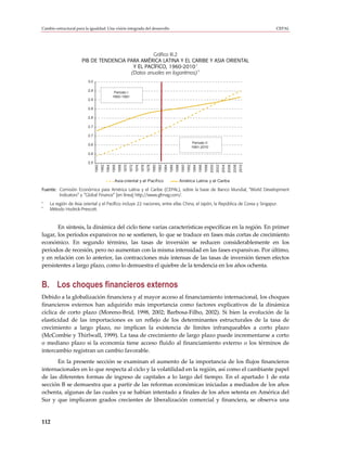 Cambio estructural para la igualdad: Una visión integrada del desarrollo                                                                                                                                                CEPAL




                                                 Gráfico III.2
                      PIB DE TENDENCIA PARA AMÉRICA LATINA Y EL CARIBE Y ASIA ORIENTAL
                                                                    a
                                         Y EL PACÍFICO, 1960-2010
                                        (Datos anuales en logaritmos) b
                          3,0

                          2,9
                                                      Período I
                                                     1960-1981
                          2,9

                          2,8

                          2,8

                          2,7

                          2,7

                                                                                                                                                        Período II
                          2,6
                                                                                                                                                        1981-2010
                          2,6

                          2,5
                                1960
                                       1962
                                              1964
                                                     1966
                                                            1968
                                                                   1970
                                                                          1972
                                                                                 1974
                                                                                        1976
                                                                                               1978
                                                                                                      1980
                                                                                                             1982
                                                                                                                    1984
                                                                                                                           1986
                                                                                                                                  1988
                                                                                                                                          1990
                                                                                                                                                 1992
                                                                                                                                                         1994
                                                                                                                                                                1996
                                                                                                                                                                       1998
                                                                                                                                                                              2000
                                                                                                                                                                                     2002
                                                                                                                                                                                            2004
                                                                                                                                                                                                   2006
                                                                                                                                                                                                          2008
                                                                                                                                                                                                                 2010
                                                       Asia oriental y el Pacíf ico                                                      América Latina y el Caribe

Fuente: Comisión Económica para América Latina y el Caribe (CEPAL), sobre la base de Banco Mundial, “World Development
        Indicators” y “Global Finance” [en línea] http://www.gfmag.com/.
a
    La región de Asia oriental y el Pacífico incluye 22 naciones, entre ellas China, el Japón, la República de Corea y Singapur.
b
    Método Hodrick-Prescott.



       En síntesis, la dinámica del ciclo tiene varias características específicas en la región. En primer
lugar, los períodos expansivos no se sostienen, lo que se traduce en fases más cortas de crecimiento
económico. En segundo término, las tasas de inversión se reducen considerablemente en los
períodos de recesión, pero no aumentan con la misma intensidad en las fases expansivas. Por último,
y en relación con lo anterior, las contracciones más intensas de las tasas de inversión tienen efectos
persistentes a largo plazo, como lo demuestra el quiebre de la tendencia en los años ochenta.


B. Los choques financieros externos
Debido a la globalización financiera y al mayor acceso al financiamiento internacional, los choques
financieros externos han adquirido más importancia como factores explicativos de la dinámica
cíclica de corto plazo (Moreno-Brid, 1998, 2002; Barbosa-Filho, 2002). Si bien la evolución de la
elasticidad de las importaciones es un reflejo de los determinantes estructurales de la tasa de
crecimiento a largo plazo, no implican la existencia de límites infranqueables a corto plazo
(McCombie y Thirlwall, 1999). La tasa de crecimiento de largo plazo puede incrementarse a corto
o mediano plazo si la economía tiene acceso fluido al financiamiento externo o los términos de
intercambio registran un cambio favorable.
      En la presente sección se examinan el aumento de la importancia de los flujos financieros
internacionales en lo que respecta al ciclo y la volatilidad en la región, así como el cambiante papel
de las diferentes formas de ingreso de capitales a lo largo del tiempo. En el apartado 1 de esta
sección B se demuestra que a partir de las reformas económicas iniciadas a mediados de los años
ochenta, algunas de las cuales ya se habían intentado a finales de los años setenta en América del
Sur y que implicaron grados crecientes de liberalización comercial y financiera, se observa una


112
 