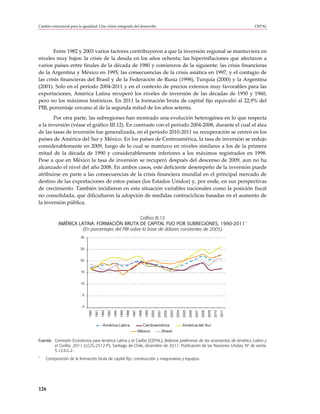 Cambio estructural para la igualdad: Una visión integrada del desarrollo                                                                                                                  CEPAL




       Entre 1982 y 2003 varios factores contribuyeron a que la inversión regional se mantuviera en
niveles muy bajos: la crisis de la deuda en los años ochenta; las hiperinflaciones que afectaron a
varios países entre finales de la década de 1980 y comienzos de la siguiente; las crisis financieras
de la Argentina y México en 1995; las consecuencias de la crisis asiática en 1997, y el contagio de
las crisis financieras del Brasil y de la Federación de Rusia (1998), Turquía (2000) y la Argentina
(2001). Solo en el período 2004-2011 y en el contexto de precios externos muy favorables para las
exportaciones, América Latina recuperó los niveles de inversión de las décadas de 1950 y 1960,
pero no los máximos históricos. En 2011 la formación bruta de capital fijo equivalió al 22,9% del
PIB, porcentaje cercano al de la segunda mitad de los años setenta.
       Por otra parte, las subregiones han mostrado una evolución heterogénea en lo que respecta
a la inversión (véase el gráfico III.12). En contraste con el período 2004-2008, durante el cual el alza
de las tasas de inversión fue generalizada, en el período 2010-2011 su recuperación se centró en los
países de América del Sur y México. En los países de Centroamérica, la tasa de inversión se redujo
considerablemente en 2009, luego de lo cual se mantuvo en niveles similares a los de la primera
mitad de la década de 1990 y considerablemente inferiores a los máximos registrados en 1998.
Pese a que en México la tasa de inversión se recuperó después del descenso de 2009, aun no ha
alcanzado el nivel del año 2008. En ambos casos, este deficiente desempeño de la inversión puede
atribuirse en parte a las consecuencias de la crisis financiera mundial en el principal mercado de
destino de las exportaciones de estos países (los Estados Unidos) y, por ende, en sus perspectivas
de crecimiento. También incidieron en esta situación variables nacionales como la posición fiscal
no consolidada, que dificultaron la adopción de medidas contracíclicas basadas en el aumento de
la inversión pública.

                                                   Gráfico III.12
            AMÉRICA LATINA: FORMACIÓN BRUTA DE CAPITAL FIJO POR SUBREGIONES, 1990-2011 a
                      (En porcentajes del PIB sobre la base de dólares constantes de 2005)
                         30


                         25


                         20


                         15


                         10


                          5


                          0
                              1990
                                     1991
                                            1992
                                                   1993
                                                          1994
                                                                 1995
                                                                        1996
                                                                               1997
                                                                                      1998
                                                                                              1999
                                                                                                     2000
                                                                                                            2001
                                                                                                                    2002
                                                                                                                           2003
                                                                                                                                  2004
                                                                                                                                         2005
                                                                                                                                                2006
                                                                                                                                                       2007
                                                                                                                                                              2008
                                                                                                                                                                     2009
                                                                                                                                                                            2010
                                                                                                                                                                                   2011




                                             América Latina                                  Centroamérica                               América del Sur
                                                                                      México                       Brasil

Fuente: Comisión Económica para América Latina y el Caribe (CEPAL), Balance preliminar de las economías de América Latina y
        el Caribe, 2011 (LC/G.2512-P), Santiago de Chile, diciembre de 2011. Publicación de las Naciones Unidas, Nº de venta:
        S.12.II.G.2 .
a
    Composición de la formación bruta de capital fijo: construcción y maquinarias y equipos.




126
 