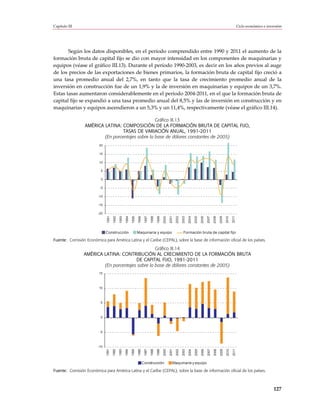 Capítulo III                                                                                                                                                                       Ciclo económico e inversión




       Según los datos disponibles, en el período comprendido entre 1990 y 2011 el aumento de la
formación bruta de capital fijo se dio con mayor intensidad en los componentes de maquinarias y
equipos (véase el gráfico III.13). Durante el período 1990-2003, es decir en los años previos al auge
de los precios de las exportaciones de bienes primarios, la formación bruta de capital fijo creció a
una tasa promedio anual del 2,7%, en tanto que la tasa de crecimiento promedio anual de la
inversión en construcción fue de un 1,9% y la de inversión en maquinarias y equipos de un 3,7%.
Estas tasas aumentaron considerablemente en el período 2004-2011, en el que la formación bruta de
capital fijo se expandió a una tasa promedio anual del 8,5% y las de inversión en construcción y en
maquinarias y equipos ascendieron a un 5,3% y un 11,4%, respectivamente (véase el gráfico III.14).

                                                  Gráfico III.13
                 AMÉRICA LATINA: COMPOSICIÓN DE LA FORMACIÓN BRUTA DE CAPITAL FIJO,
                                  TASAS DE VARIACIÓN ANUAL, 1991-2011
                         (En porcentajes sobre la base de dólares constantes de 2005)
                         20

                         15

                         10

                          5

                          0

                          -5

                         -10

                         -15

                         -20
                               1991
                                      1992
                                             1993
                                                    1994
                                                           1995
                                                                  1996
                                                                          1997
                                                                                 1998
                                                                                        1999
                                                                                               2000
                                                                                                      2001
                                                                                                             2002
                                                                                                                    2003
                                                                                                                           2004
                                                                                                                                  2005
                                                                                                                                         2006
                                                                                                                                                2007
                                                                                                                                                       2008
                                                                                                                                                              2009
                                                                                                                                                                     2010
                               Construcción                       Maquinaria y equipo                                Formación bruta de capital fijo                        2011

Fuente: Comisión Económica para América Latina y el Caribe (CEPAL), sobre la base de información oficial de los países.

                                                  Gráfico III.14
                 AMÉRICA LATINA: CONTRIBUCIÓN AL CRECIMIENTO DE LA FORMACIÓN BRUTA
                                        DE CAPITAL FIJO, 1991-2011
                         (En porcentajes sobre la base de dólares constantes de 2005)
                         15



                         10



                          5



                          0



                         -5



                        -10
                               1991

                                      1992

                                             1993

                                                    1994

                                                           1995

                                                                  1996

                                                                          1997

                                                                                 1998

                                                                                        1999

                                                                                               2000

                                                                                                      2001

                                                                                                             2002

                                                                                                                    2003

                                                                                                                           2004

                                                                                                                                  2005

                                                                                                                                         2006

                                                                                                                                                2007

                                                                                                                                                       2008

                                                                                                                                                              2009

                                                                                                                                                                     2010

                                                                                                                                                                            2011




                                                                         Construcción                    Maquinaria y equipo

Fuente: Comisión Económica para América Latina y el Caribe (CEPAL), sobre la base de información oficial de los países.



                                                                                                                                                                                                         127
 