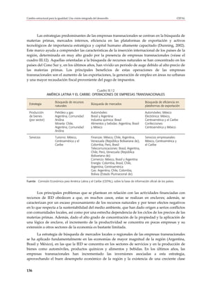 Cambio estructural para la igualdad: Una visión integrada del desarrollo                                                    CEPAL




      Las estrategias predominantes de las empresas transnacionales se centran en la búsqueda de
materias primas, mercados internos, eficiencia en las plataformas de exportación y activos
tecnológicos de importancia estratégica y capital humano altamente capacitado (Dunning, 2002).
Este marco ayuda a comprender las características de la inserción internacional de los países de la
región, determinada en muy alto grado por la presencia de empresas transnacionales (véase el
cuadro III.12). Aquellas orientadas a la búsqueda de recursos naturales se han concentrado en los
países del Cono Sur y, en los últimos años, han vivido un período de auge debido al alto precio de
las materias primas. Los principales beneficios de estas operaciones de las empresas
transnacionales son el aumento de las exportaciones, la generación de empleo en áreas no urbanas
y una mayor recaudación fiscal proveniente del pago de impuestos.

                                               Cuadro III.12
                 AMÉRICA LATINA Y EL CARIBE: OPERACIONES DE EMPRESAS TRANSNACIONALES

                        Búsqueda de recursos                                                     Búsqueda de eficiencia en
  Estrategia                                            Búsqueda de mercados
                        naturales                                                                plataformas de exportación

  Producción            Petróleo y gas:                 Automóviles:                             Automóviles: México
  de bienes             Argentina, Comunidad            Brasil y Argentina                       Electrónica: México,
  (por sector)          Andina                          Industria química: Brasil                Centroamérica y el Caribe
                        Minería: Chile,                 Alimentos y bebidas: Argentina, Brasil   Confecciones:
                        Argentina, Comunidad            y México                                 Centroamérica y México
                        Andina

  Servicios             Turismo: México,                Finanzas: México, Chile, Argentina,      Servicios empresariales:
                        Centroamérica y el              Venezuela (República Bolivariana de),    México, Centroamérica y
                        Caribe                          Colombia, Perú, Brasil                   el Caribe
                                                        Telecomunicaciones: Brasil, Argentina,
                                                        Chile, Perú, Venezuela (República
                                                        Bolivariana de)
                                                        Comercio: México, Brasil y Argentina
                                                        Energía: Colombia, Brasil, Chile,
                                                        Argentina, Centroamérica
                                                        Gas: Argentina, Chile, Colombia,
                                                        Bolivia (Estado Plurinacional de)

Fuente: Comisión Económica para América Latina y el Caribe (CEPAL), sobre la base de información oficial de los países.



       Los principales problemas que se plantean en relación con las actividades financiadas con
recursos de IED obedecen a que, en muchos casos, estas se realizan en enclaves; además, se
caracterizan por un escaso procesamiento de los recursos naturales y por tener efectos negativos
en lo que respecta a la sustentabilidad del medio ambiente, que han dado origen a serios conflictos
con comunidades locales, así como por una estrecha dependencia de los ciclos de los precios de las
materias primas. Además, dado el alto grado de concentración de la propiedad y la aplicación de
una lógica de enclave, el incremento de la productividad se concentra en pocas empresas y su
extensión a otros sectores de la economía es bastante limitada.
       La estrategia de búsqueda de mercados locales o regionales de las empresas transnacionales
se ha aplicado fundamentalmente en las economías de mayor magnitud de la región (Argentina,
Brasil y México), en las que la IED se concentra en los sectores de servicios y en la producción de
bienes como automóviles, productos químicos y alimentos y bebidas. En los últimos años, las
empresas transnacionales han incrementado las inversiones asociadas a esta estrategia,
aprovechando el buen desempeño económico de la región y la existencia de una creciente clase


136
 