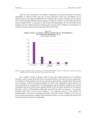 Capítulo III                                                                                   Ciclo económico e inversión




      Dado el escaso desarrollo de los distintos componentes del sistema financiero, los fondos
disponibles en América Latina para que el sector productivo cubra esas necesidades son en
general escasos. Esto explica la tendencia de las empresas de la región a financiar sus inversiones
en un alto porcentaje mediante fondos propios, en lugar de recurrir a los mercados financieros
(véase el gráfico III.27). La segunda vía más común de financiamiento de las inversiones de las
empresas son los créditos bancarios, mientras que la tercera son los créditos de proveedores. La
emisión de acciones representa un porcentaje relativamente bajo.

                                              Gráfico III.27
               AMÉRICA LATINA Y EL CARIBE (31 PAÍSES): ESTRUCTURA DEL FINANCIAMIENTO
                                 DE LA INVERSIÓN EMPRESARIAL, 2010
                                       (En porcentajes promedio)

                    70


                    60


                    50


                    40


                    30


                    20


                    10


                     0
                         Fondos propios     Bancos       Crédito de     Acciones       Otras
                                                        proveedores




Fuente: Comisión Económica para América Latina y el Caribe (CEPAL), sobre la base de encuestas de empresas del Banco
        Mundial para 2010, excepto para Brasil, cuya encuesta es para 2009.



      En el gráfico anterior se observa tanto el peso del sistema bancario en la estructura
financiera como el escaso desarrollo de los mercados bursátiles y de bonos de deuda empresarial.
La tendencia al financiamiento con recursos propios es generalizada e independiente del tamaño
de las empresas. Incluso las empresas grandes, con 100 o más trabajadores, suelen financiar un
mayor porcentaje de sus inversiones con fondos propios que las empresas similares de los países
de ingresos altos de la OCDE (véase el gráfico III.28). Si bien el menor desarrollo de los sistemas
financieros afecta el financiamiento disponible para todos los tipos de empresas, en la práctica
perjudica sobre todo a las de menor tamaño y a las empresas nuevas, lo que refuerza las
desigualdades en materia de capacidad productiva e inserción externa. Además, en los casos en
que las empresas pequeñas consiguen financiamiento bancario, su costo es significativamente más
elevado que para las empresas más grandes.




                                                                                                                     151
 