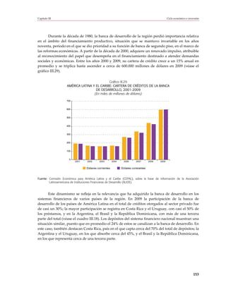 Capítulo III                                                                                     Ciclo económico e inversión




       Durante la década de 1980, la banca de desarrollo de la región perdió importancia relativa
en el ámbito del financiamiento productivo, situación que se mantuvo invariable en los años
noventa, período en el que se dio prioridad a su función de banca de segundo piso, en el marco de
las reformas económicas. A partir de la década de 2000, adquiere un renovado impulso, atribuible
al reconocimiento del papel que desempeña en el financiamiento destinado a atender demandas
sociales y económicas. Entre los años 2000 y 2009, su cartera de crédito crece a un 15% anual en
promedio y se triplica hasta ascender a cerca de 600.000 millones de dólares en 2009 (véase el
gráfico III.29).

                                              Gráfico III.29
                    AMÉRICA LATINA Y EL CARIBE: CARTERA DE CRÉDITOS DE LA BANCA
                                     DE DESARROLLO, 2001-2009
                                    (En miles de millones de dólares)

                    700


                    600


                    500


                    400


                    300


                    200


                    100


                      0
                          2001    2002     2003        2004    2006     2007       2008   2009


                                  Dólares corrientes          Dólares constantes


Fuente: Comisión Económica para América Latina y el Caribe (CEPAL), sobre la base de información de la Asociación
        Latinoamericana de Instituciones Financieras de Desarrollo (ALIDE).



       Este dinamismo se refleja en la relevancia que ha adquirido la banca de desarrollo en los
sistemas financieros de varios países de la región. En 2009 la participación de la banca de
desarrollo de los países de América Latina en el total de créditos otorgados al sector privado fue
de casi un 30%; la mayor participación se registra en Costa Rica y el Uruguay, con casi el 50% de
los préstamos, y en la Argentina, el Brasil y la República Dominicana, con más de una tercera
parte del total (véase el cuadro III.18). Los depósitos del sistema financiero nacional muestran una
situación similar, puesto que en promedio el 24% de estos se canalizan a la banca de desarrollo. En
este caso, también destacan Costa Rica, país en el que capta cerca del 70% del total de depósitos; la
Argentina y el Uruguay, en los que absorbe cerca del 45%, y el Brasil y la República Dominicana,
en los que representa cerca de una tercera parte.




                                                                                                                       153
 