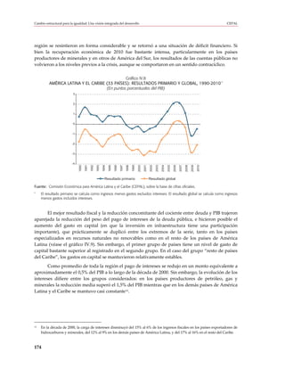 Cambio estructural para la igualdad: Una visión integrada del desarrollo                                                                                                         CEPAL




región se resintieron en forma considerable y se retornó a una situación de déficit financiero. Si
bien la recuperación económica de 2010 fue bastante intensa, particularmente en los países
productores de minerales y en otros de América del Sur, los resultados de las cuentas públicas no
volvieron a los niveles previos a la crisis, aunque se comportaron en un sentido contracíclico.

                                               Gráfico IV.8
                                                                                          a
          AMÉRICA LATINA Y EL CARIBE (33 PAÍSES): RESULTADOS PRIMARIO Y GLOBAL, 1990-2010
                                     (En puntos porcentuales del PIB)
                          3


                          2


                          1


                          0


                         -1


                         -2


                         -3


                         -4
                              1990

                                     1991

                                            1992

                                                   1993

                                                          1994

                                                                 1995

                                                                        1996

                                                                               1997

                                                                                      1998

                                                                                             1999

                                                                                                    2000

                                                                                                           2001

                                                                                                                  2002

                                                                                                                         2003

                                                                                                                                2004

                                                                                                                                       2005

                                                                                                                                              2006

                                                                                                                                                     2007

                                                                                                                                                            2008

                                                                                                                                                                   2009
                                                                                                                                                                          2010
                                                            Resultado primario                                    Resultado global

Fuente: Comisión Económica para América Latina y el Caribe (CEPAL), sobre la base de cifras oficiales.
a
     El resultado primario se calcula como ingresos menos gastos excluidos intereses. El resultado global se calcula como ingresos
     menos gastos incluidos intereses.



       El mejor resultado fiscal y la reducción concomitante del cociente entre deuda y PIB trajeron
aparejada la reducción del peso del pago de intereses de la deuda pública, e hicieron posible el
aumento del gasto en capital (en que la inversión en infraestructura tiene una participación
importante), que prácticamente se duplicó entre los extremos de la serie, tanto en los países
especializados en recursos naturales no renovables como en el resto de los países de América
Latina (véase el gráfico IV.9). Sin embargo, el primer grupo de países tiene un nivel de gasto de
capital bastante superior al registrado en el segundo grupo. En el caso del grupo “resto de países
del Caribe”, los gastos en capital se mantuvieron relativamente estables.
       Como promedio de toda la región el pago de intereses se redujo en un monto equivalente a
aproximadamente el 0,5% del PIB a lo largo de la década de 2000. Sin embargo, la evolución de los
intereses difiere entre los grupos considerados: en los países productores de petróleo, gas y
minerales la reducción media superó el 1,5% del PIB mientras que en los demás países de América
Latina y el Caribe se mantuvo casi constante11.




11   En la década de 2000, la carga de intereses disminuyó del 15% al 6% de los ingresos fiscales en los países exportadores de
     hidrocarburos y minerales, del 12% al 9% en los demás países de América Latina, y del 17% al 16% en el resto del Caribe.



174
 