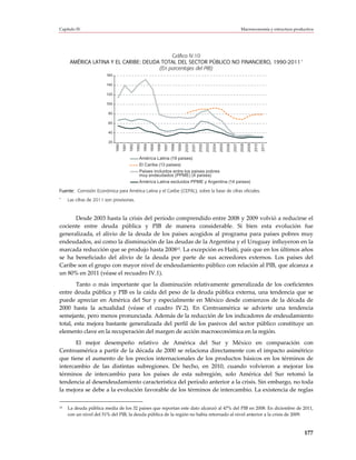 Capítulo IV                                                                                                                                                  Macroeconomía y estructura productiva




                                            Gráfico IV.10
                                                                                          a
      AMÉRICA LATINA Y EL CARIBE: DEUDA TOTAL DEL SECTOR PÚBLICO NO FINANCIERO, 1990-2011
                                       (En porcentajes del PIB)
                         160

                         140

                         120

                         100

                          80

                          60

                          40

                          20
                               1990
                                      1991
                                             1992
                                                    1993
                                                           1994
                                                                  1995
                                                                         1996
                                                                                1997
                                                                                       1998
                                                                                              1999
                                                                                                     2000
                                                                                                            2001
                                                                                                                   2002
                                                                                                                          2003
                                                                                                                                 2004
                                                                                                                                        2005
                                                                                                                                               2006
                                                                                                                                                      2007
                                                                                                                                                             2008
                                                                                                                                                                    2009
                                                                                                                                                                           2010
                                                                                                                                                                                  2011
                                                      América Latina (19 países)
                                                      El Caribe (13 países)
                                                      Países incluidos entre los países pobres
                                                      muy endeudados (PPME) (4 países)
                                                      América Latina excluidos PPME y Argentina (14 países)

Fuente: Comisión Económica para América Latina y el Caribe (CEPAL), sobre la base de cifras oficiales.
a
     Las cifras de 2011 son provisorias.



      Desde 2003 hasta la crisis del período comprendido entre 2008 y 2009 volvió a reducirse el
cociente entre deuda pública y PIB de manera considerable. Si bien esta evolución fue
generalizada, el alivio de la deuda de los países acogidos al programa para países pobres muy
endeudados, así como la disminución de las deudas de la Argentina y el Uruguay influyeron en la
marcada reducción que se produjo hasta 200815. La excepción es Haití, país que en los últimos años
se ha beneficiado del alivio de la deuda por parte de sus acreedores externos. Los países del
Caribe son el grupo con mayor nivel de endeudamiento público con relación al PIB, que alcanza a
un 80% en 2011 (véase el recuadro IV.1).
        Tanto o más importante que la disminución relativamente generalizada de los coeficientes
entre deuda pública y PIB es la caída del peso de la deuda pública externa, una tendencia que se
puede apreciar en América del Sur y especialmente en México desde comienzos de la década de
2000 hasta la actualidad (véase el cuadro IV.2). En Centroamérica se advierte una tendencia
semejante, pero menos pronunciada. Además de la reducción de los indicadores de endeudamiento
total, esta mejora bastante generalizada del perfil de los pasivos del sector público constituye un
elemento clave en la recuperación del margen de acción macroeconómica en la región.
       El mejor desempeño relativo de América del Sur y México en comparación con
Centroamérica a partir de la década de 2000 se relaciona directamente con el impacto asimétrico
que tiene el aumento de los precios internacionales de los productos básicos en los términos de
intercambio de las distintas subregiones. De hecho, en 2010, cuando volvieron a mejorar los
términos de intercambio para los países de esta subregión, solo América del Sur retomó la
tendencia al desendeudamiento característica del período anterior a la crisis. Sin embargo, no toda
la mejora se debe a la evolución favorable de los términos de intercambio. La existencia de reglas

15   La deuda pública media de los 32 países que reportan este dato alcanzó al 47% del PIB en 2008. En diciembre de 2011,
     con un nivel del 51% del PIB, la deuda pública de la región no había retornado al nivel anterior a la crisis de 2009.



                                                                                                                                                                                             177
 