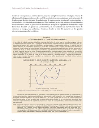 Cambio estructural para la igualdad: Una visión integrada del desarrollo                                                                       CEPAL




fiscales en varios países de América del Sur, así como la implementación de estrategias exitosas de
administración de pasivos (mejora del perfil de vencimientos, renegociaciones, reestructuración de
deuda, menor descalce de tasas, desdolarización de pasivos, entre otras) coadyuvaron también a
este resultado. En tal sentido, se advierte una clara tendencia al uso más intensivo de instrumentos
de deuda interna (véase el gráfico IV.11). El resto de la región no logró retomar ese rumbo luego
de la crisis de 2008. Los países de Centroamérica, en su condición de importadores netos de
alimentos y energía, han enfrentado tensiones fiscales a raíz del aumento de los precios
internacionales de productos básicos.


                                                     Recuadro IV.1
                                  LA DEUDA EXTERNA EN EL CARIBE Y SUS DETERMINANTES
 En los análisis de la deuda externa en el Caribe se evidencian dos hechos. En primer lugar, es un problema regional más que
 un problema de alcance nacional. Pese a que algunas de las economías más endeudadas son también las más pequeñas, las
 economías más grandes de la región como Barbados o Jamaica no están al margen de este problema. En segundo lugar, los
 criterios estándares de sostenibilidad muestran que, en muchas economías de la subregión, el nivel de endeudamiento es
 insostenible. A nivel mundial, las economías que tienden a parecerse estructuralmente a las del Caribe también se enfrentan a
 problemas de deuda. En 2010, de los 31 países considerados pequeños Estados insulares en desarrollo, 14 exhibían niveles
 de deuda superiores al 60% de su PIB. El elevado endeudamiento, aunque en algunos casos se explica por incrementos
 desmedidos del gasto público, está también vinculado al comportamiento y desempeño del sector externo. La vulnerabilidad
 externa, intensificada en los países del Caribe por su tamaño, exposición a desastres naturales y pérdida de competitividad,
 explica en gran medida el desempeño fiscal. Como se muestra en el gráfico siguiente, existe una relación entre el saldo en
 cuenta corriente y el saldo fiscal.

                        EL CARIBE: SALDO EN CUENTA CORRIENTE Y SALDO FISCAL GLOBAL, 2000-2010
                                                 (En porcentajes del PIB)
                                      1998       2000       2002       2004         2006        2008      2010      2012
                                     0



                                     -2



                                    -4



                                    -6



                                    -8



                                    -10



                                    -12
                                                        Saldo en cuenta corriente          Saldo fiscal

           Fuente: Comisión Económica para América Latina y el Caribe (CEPAL), sobre la base de cifras oficiales.


          Esta relación se muestra mediante dos indicadores: la postura fiscal (gasto de gobierno dividido por la presión fiscal) y
 el desempeño exportador (exportaciones divididas por la propensión media a importar). Una postura fiscal que supere el
 desempeño exportador implica una situación de déficit fiscal y en cuenta corriente. Este es el caso de la mayor parte de las
 economías del Caribe. De aquí se deduce que la mejora de las cuentas fiscales, en un entorno en que el gobierno debe
 contribuir a mejorar el bienestar de la población, requiere una mejora de la competitividad y de las condiciones externas de
 estas economías.
 Fuente: Programa de las Naciones Unidas para el Desarrollo (PNUD), Achieving Debt Sustainability and the MDGs in Small Island Developing States,
         2010; R. Sahay, “Stabilization, debt and fiscal policy in the Caribbean”, IMF Working Paper, Nº WP/05/26, Washington, D.C., Fondo Monetario
         Internacional, 2004; R. Machado, “Economic growth in the Caribbean”, Puerto España, sede subregional de la CEPAL para el Caribe, 2009; E.
         Pérez Caldentey, “Debt accumulation in the Caribbean: origins, consequences and strategies”, serie Studies and Perspectives, Puerto España,
         sede subregional de la CEPAL para el Caribe, 2007; A. Birchwood, “Should SIDS follow monetary and fiscal rules?”, documento presentado en la
         reunión de expertos sobre crecimiento y desarrollo de los pequeños Estados, Malta, 17 y 18 de noviembre de 2011.




178
 
