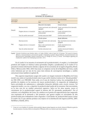 Cambio estructural para la igualdad: Una visión integrada del desarrollo                                                    CEPAL




                                                          Cuadro I.3
                                                   PATRONES DE DESARROLLO

Crecimiento                                                                  Crecimiento de la productividad
del empleo                                               Bajo                               Alto

                                                         Absorción de empleo                Círculo virtuoso
                Macroeconomía                            Fuerte crecimiento de la demanda Fuerte crecimiento de la demanda
                                                         agregada                         agregada
Elevado
                Progreso técnico e innovación            Bajo o nulo crecimiento de la      Fuerte crecimiento de la
                                                         productividad                      productividad
                Tipo de cambio estructural               Cambio estructural débil           Cambio estructural fuerte

                                                         Círculo vicioso                    Ajuste defensivo
                Macroeconomía                            Bajo crecimiento de la demanda     Bajo crecimiento de la demanda
                                                         agregada                           agregada
Bajo            Progreso técnico e innovación            Bajo o nulo crecimiento de la      Fuerte crecimiento de la
                                                         productividad                      productividad
                Tipo de cambio estructural               Cambio estructural nulo            Cambio estructural limitado a
                                                                                            enclaves

Fuente: Comisión Económica para América Latina y el Caribe (CEPAL), sobre la base de J.A Ocampo, “The quest for dynamic
        efficiency: structural dynamics and economic growth in developing countries”, Beyond Reforms, Structural Dynamics and
        Macroeconomic Vulnerability, Stanford University Press y R. Astorga, M. Cimoli y G. Porcile, “Technological upgrading and
        employment: patterns from developing economies”, 2012.



       En el cuadro I.4 se muestra el crecimiento de la productividad y el empleo, y la elasticidad
producto del empleo en América Latina (promedios simples y ponderados); en el cuadro I.5 se
presenta la misma información referida a algunas de las economías de la región (Argentina, Brasil,
Chile y México) entre 1960 y 2010. Esas tasas se comparan con las de la República de Corea, usada
como referencia por ser uno de los casos más exitosos de convergencia tecnológica y cambio
estructural (véase también el capítulo II).
      Dos aspectos importantes surgen del cuadro: en ningún momento la República de Corea
mostró una caída en la productividad como la que sufrió América Latina en la “década perdida”
de 1981-1990 y en 1998-2002. Esta caída, en el caso de América Latina, fue acompañada de la
pérdida de empleos en los sectores de mayor productividad y la migración de trabajadores
hacia actividades de subsistencia y subempleo (situación definida como círculo vicioso). Tal
migración tendió, a su vez, a deprimir la productividad media de la economía. Este movimiento
es la otra cara de un cambio estructural regresivo. Salvo en los años sesenta, nunca el
crecimiento de la productividad superó la barrera del 2% (promedio ponderado)18. Por el
contrario, en la República de Corea, los cambios en el patrón de especialización han asegurado
una expansión de la demanda y del producto, que genera empleo en actividades de alta
productividad para trabajadores antes asignados a actividades de productividad menor (véase
el cuadro I.4), lo que además produce una mejora en la distribución del ingreso (CEPAL, 2007;
McMillan y Rodrik, 2011).



18   Como se ve en el gráfico I.4, durante ciertos períodos algunos países lograron un círculo virtuoso (el Brasil en parte de
     los años sesenta y noventa, Chile en la década de 1990), pero ello no se mantuvo por mucho tiempo.


40
 