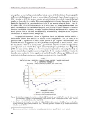 Cambio estructural para la igualdad: Una visión integrada del desarrollo                                                                 CEPAL




estos gráficos se muestra la productividad del trabajo y en el eje de las abscisas, el valor agregado
de la economía. Cada punto de la curva representa un año abarcando el período que comienza en
1980 y termina en 2010. Así, la curva muestra la trayectoria en el tiempo de la productividad y el
empleo en el período. En el gráfico II.1 se muestra dicha trayectoria para el conjunto de América
Latina. En el gráfico II.2 se comparan las trayectorias de una serie de países, de dentro y fuera de
la región. A los efectos de la comparación se incluyen, junto con países latinoamericanos, tres
países europeos cuyas exportaciones presentan un fuerte peso de los bienes intensivos en recursos
naturales (Dinamarca, Finlandia y Noruega). Además, se incluye la trayectoria de la República de
Corea, por ser uno de los casos más exitosos de recuperación y convergencia con los países
desarrollados en la segunda mitad del siglo XX2.
       Un patrón de crecimiento virtuoso se expresa en curvas con pendiente siempre positiva y
relativamente estable. Los períodos de círculo vicioso corresponden a los de caída de la
productividad. El aspecto que se destaca en los gráficos es que los países latinoamericanos han
mostrado descensos muy pronunciados de la productividad en períodos de crisis o recesión —como
los años ochenta y fines de los años noventa—, que no fueron compensados en las fases posteriores
de recuperación. En el conjunto de la región, si se compara la productividad del inicio del período
(1980) con la del término (2010), no se observan aumentos significativos (véase el gráfico II.1). En
algunos países incluso se registran descensos importantes de esta variable en el total del período. En
todos los casos, resaltan los efectos negativos de la crisis de los años ochenta, que debilitaron la tasa
de crecimiento de largo plazo, como se analizará más adelante (véase el capítulo III).

                                                   Gráfico II.1
                  AMÉRICA LATINA (12 PAÍSES): PRODUCTIVIDAD LABORAL Y VALOR AGREGADO
                                                                         a
                                         DE LA ECONOMÍA, 1980-2010
                           (En dólares y miles de millones de dólares, año base=2000)
                                                           15 000

                                                                     1980
                                                           14 000
                        (en dólares por persona ocupada)




                                                                                                                          2010
                                                           13 000
                              Productividad laboral




                                                           12 000


                                                           11 000

                                                                     1980                                                 2010
                                                           10 000


                                                            9 000


                                                            8 000
                                                                 1 000      1 500              2 000              2 500          3 000
                                                                                    Valor agregado de la economía

                                                                            América Latina (promedio simple)
                                                                            América Latina (promedio ponderado)

Fuente: Comisión Económica para América Latina y el Caribe (CEPAL), sobre la base de CEPALSTAT [base de datos en línea]
        http://websie.eclac.cl/sisgen/ConsultaIntegrada.asp/; Banco Mundial, World Development Indicators (WDI) [base de
        datos en línea] http://databank.worldbank.org/, 2012.
a
     Se incluyó una selección de países sobre la base de la disponibilidad de datos: Argentina, Brasil, Chile, Colombia, Costa Rica,
     Ecuador, Honduras, México, Panamá, Paraguay, Perú y Venezuela (República Bolivariana de). El promedio ponderado se
     calculó en función del PIB.


2    Las economías del Caribe se consideran en forma independiente, en otro apartado de este mismo capítulo.


68
 