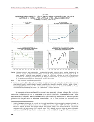 Cambio estructural para la igualdad: Una visión integrada del desarrollo                                                                                              CEPAL




                                                    Gráfico II.4
              AMÉRICA LATINA Y EL CARIBE (21 PAÍSES): TRAYECTORIA DE CO2 PER CÁPITA, PIB PER CÁPITA,
                   INTENSIDAD DE ENERGÍA A PIB E INTENSIDAD DE CO2 A CONSUMO DE ENERGÍA,
                                                                       a
                                         ESCENARIO INERCIAL, 1980-2020
                                    A. CO 2 per cápita                                                                      B. PIB per cápita
                                        (en tCO 2 )                                                             (en miles de dólares constantes de 2005)
3,6                                                                                         14
                                                                          1,7%                                                                                   2%
3,4                                                                                         13


3,2                                                                                         12


3,0                                                                                         11


2,8                                                                                         10


2,6                                                                                          9


2,4                                                                                          8


2,2                                                                                          7


2,0                                                                                          6
      1980    1984    1988   1992     1996    2000   2004   2008   2012      2016   2020          1980   1984   1988   1992   1996   2000   2004   2008   2012    2016   2020




                         C. Intensidad de energía a PIB                                                     D. Intensidad de CO 2 a consumo de energía
                 (en kilógramos equivalentes de petróleo por                                             (en kilógramos de CO 2 por kilógramo equivalente
                          cada 1.000 dólares del PIB)                                                           de petróleo de consumo de energía)
148                                                                                        2,28
                                                                      -0,1%                                                                                  -0,2%
146

144
                                                                                           2,23
142

140

138                                                                                        2,18

136

134
                                                                                           2,13
132

130

128                                                                                        2,08
       1980    1984   1988   1992      1996   2000   2004   2008   2012     2016    2020          1980   1984   1988   1992   1996   2000   2004   2008   2012    2016   2020



Fuente: Comisión Económica para América Latina y el Caribe (CEPAL), sobre la base de Banco Mundial, estadísticas de las
        emisiones de gases de efecto invernadero (tCO2e: toneladas de CO2 equivalente), del consumo de energía, del PIB per
        cápita valorado a paridad de poder adquisitivo en dólares de 2005, de la intensidad de energía a PIB (kilogramos
        equivalentes de petróleo por cada 1.000 dólares de PIB) y de la intensidad de CO2 a consumo de energía (kilogramos
        de CO2 por kilogramos equivalentes de petróleo de consumo de energía).
Nota:          La parte sombreada corresponde a proyecciones.
a
       Se incluye: Argentina, Bolivia (Estado Plurinacional de), Brasil, Chile, Colombia, Costa Rica, Ecuador, El Salvador, Guatemala,
       Haití, Honduras, Jamaica, México, Nicaragua, Panamá, Paraguay, Perú, República Dominicana, Trinidad y Tabago, Uruguay y
       Venezuela (República Bolivariana de). Para la simulación se supuso una tasa anual de crecimiento del PIB del 2% y se
       mantuvieron las razones vigentes de energía a PIB y de emisiones a consumo de energía.



      Actualmente, el tema ambiental forma parte de la agenda pública, más por las crecientes
demandas ciudadanas que por su integración en la agenda económica. América Latina y el Caribe
es una región privilegiada por su gran acervo de capital natural y biodiversidad, así como por sus
posibilidades de provisión de servicios ambientales21. Por lo tanto, cuenta con las condiciones

21     América Latina y el Caribe posee un tercio de las reservas de agua dulce, el 12% de la superficie mundial cultivable, un
       tercio de la producción mundial de bioetanol, cerca del 25% de los biocombustibles y el 13% del petróleo. Cuenta con el
       65% de las reservas de litio, el 49% de las de plata, el 44% de las de cobre, el 33% de las de estaño, el 32% de las de
       molibdeno, el 26% de las de bauxita, el 23% de las de níquel, el 22% de las de hierro y el 22% de las de zinc. Además, la
       región concentra el 48% de la producción mundial de soja y cuenta con el 21% de la superficie de bosques naturales y


88
 