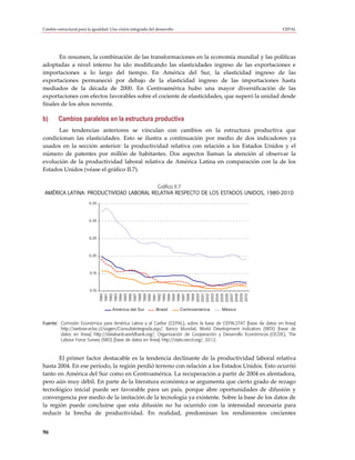 Cambio estructural para la igualdad: Una visión integrada del desarrollo                                         CEPAL




       En resumen, la combinación de las transformaciones en la economía mundial y las políticas
adoptadas a nivel interno ha ido modificando las elasticidades ingreso de las exportaciones e
importaciones a lo largo del tiempo. En América del Sur, la elasticidad ingreso de las
exportaciones permaneció por debajo de la elasticidad ingreso de las importaciones hasta
mediados de la década de 2000. En Centroamérica hubo una mayor diversificación de las
exportaciones con efectos favorables sobre el cociente de elasticidades, que superó la unidad desde
finales de los años noventa.

b)      Cambios paralelos en la estructura productiva
      Las tendencias anteriores se vinculan con cambios en la estructura productiva que
condicionan las elasticidades. Esto se ilustra a continuación por medio de dos indicadores ya
usados en la sección anterior: la productividad relativa con relación a los Estados Unidos y el
número de patentes por millón de habitantes. Dos aspectos llaman la atención al observar la
evolución de la productividad laboral relativa de América Latina en comparación con la de los
Estados Unidos (véase el gráfico II.7).

                                         Gráfico II.7
 AMÉRICA LATINA: PRODUCTIVIDAD LABORAL RELATIVA RESPECTO DE LOS ESTADOS UNIDOS, 1980-2010
                         0,35



                         0,30



                         0,25



                         0,20



                         0,15



                         0,10
                                1980
                                1981
                                1982
                                1983
                                1984
                                1985
                                1986
                                1987
                                1988
                                1989
                                1990
                                1991
                                1992
                                1993
                                1994




                                2010
                                1995
                                1996
                                1997
                                1998
                                1999
                                2000
                                2001
                                2002
                                2003
                                2004
                                2005
                                2006
                                2007
                                2008
                                2009




                                      América del Sur         Brasil       Centroamérica   México


Fuente: Comisión Económica para América Latina y el Caribe (CEPAL), sobre la base de CEPALSTAT [base de datos en línea]
        http://websie.eclac.cl/sisgen/ConsultaIntegrada.asp/; Banco Mundial, World Development Indicators (WDI) [base de
        datos en línea] http://databank.worldbank.org/; Organización de Cooperación y Desarrollo Económicos (OCDE), The
        Labour Force Survey (MEI) [base de datos en línea] http://stats.oecd.org/, 2012.



       El primer factor destacable es la tendencia declinante de la productividad laboral relativa
hasta 2004. En ese período, la región perdió terreno con relación a los Estados Unidos. Esto ocurrió
tanto en América del Sur como en Centroamérica. La recuperación a partir de 2004 es alentadora,
pero aún muy débil. En parte de la literatura económica se argumenta que cierto grado de rezago
tecnológico inicial puede ser favorable para un país, porque abre oportunidades de difusión y
convergencia por medio de la imitación de la tecnología ya existente. Sobre la base de los datos de
la región puede concluirse que esta difusión no ha ocurrido con la intensidad necesaria para
reducir la brecha de productividad. En realidad, predominan los rendimientos crecientes


96
 