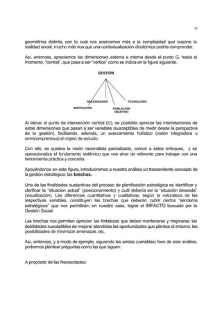 13
geométrica distinta, con lo cual nos acercamos más a la complejidad que supone la
realidad social, mucho más rica que una contextualización dicotómica podría comprender.
Así, entonces, apreciemos las dimensiones externa e interna desde el punto G, hasta el
momento, “central”, que pasa a ser “vértice” como se indica en la figura siguiente.
GESTIÓN
NECESIDADES
POBLACIÓN
OBJETIVO
TECNOLOGÍA
INSTITUCIÓN
Al elevar el punto de intersección central (G), se posibilita apreciar las interrelaciones de
estas dimensiones que pasan a ser variables (susceptibles de medir desde la perspectiva
de la gestión), facilitando, además, un acercamiento holístico (visión integradora u
omnicomprensiva) al objeto de estudio.
Con ello, se quiebra la visión racionalista parcializada, común a estos enfoques, y se
operacionaliza el fundamento sistémico que nos sirve de referente para trabajar con una
herramienta práctica y concreta.
Apoyándonos en esta figura, introduciremos a nuestro análisis un trascendente concepto de
la gestión estratégica: las brechas.
Una de las finalidades sustantivas del proceso de planificación estratégica es identificar y
clarificar la “situación actual” (posicionamiento) y cuál debería ser la “situación deseada”
(visualización). Las diferencias cuantitativas y cualitativas, según la naturaleza de las
respectivas variables, constituyen las brechas que deberán cubrir ciertos “senderos
estratégicos” que nos permitirán, en nuestro caso, lograr el IMPACTO buscado por la
Gestión Social.
Las brechas nos permiten apreciar: las fortalezas que deben mantenerse y mejorarse; las
debilidades susceptibles de mejorar atendidas las oportunidades que plantea el entorno; las
posibilidades de minimizar amenazas, etc.
Así, entonces, y a modo de ejemplo, siguiendo las aristas (variables) foco de este análisis,
podremos plantear preguntas como las que siguen:
A propósito de las Necesidades:
 