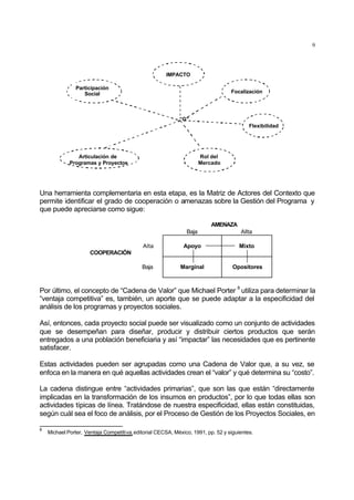 9
Rol del
Mercado
Participación
Social
IMPACTO
Flexibilidad
Articulación de
Programas y Proyectos
Focalización
“G”
Una herramienta complementaria en esta etapa, es la Matriz de Actores del Contexto que
permite identificar el grado de cooperación o amenazas sobre la Gestión del Programa y
que puede apreciarse como sigue:
AMENAZA
Baja Allta
COOPERACIÓN
Alta Apoyo Mixto
Baja Marginal Opositores
Por último, el concepto de “Cadena de Valor” que Michael Porter
8
utiliza para determinar la
“ventaja competitiva” es, también, un aporte que se puede adaptar a la especificidad del
análisis de los programas y proyectos sociales.
Así, entonces, cada proyecto social puede ser visualizado como un conjunto de actividades
que se desempeñan para diseñar, producir y distribuir ciertos productos que serán
entregados a una población beneficiaria y así “impactar” las necesidades que es pertinente
satisfacer.
Estas actividades pueden ser agrupadas como una Cadena de Valor que, a su vez, se
enfoca en la manera en qué aquellas actividades crean el “valor” y qué determina su “costo”.
La cadena distingue entre “actividades primarias”, que son las que están “directamente
implicadas en la transformación de los insumos en productos”, por lo que todas ellas son
actividades típicas de línea. Tratándose de nuestra especificidad, ellas están constituidas,
según cuál sea el foco de análisis, por el Proceso de Gestión de los Proyectos Sociales, en
8
Michael Porter, Ventaja Competitiva,editorial CECSA, México, 1991, pp. 52 y siguientes.
 