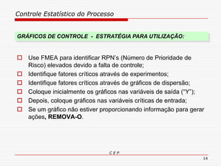 Controle Estatístico do Processo
C E P
14
 Use FMEA para identificar RPN’s (Número de Prioridade de
Risco) elevados devido a falta de controle;
 Identifique fatores críticos através de experimentos;
 Identifique fatores críticos através de gráficos de dispersão;
 Coloque inicialmente os gráficos nas variáveis de saída (“Y”);
 Depois, coloque gráficos nas variáveis críticas de entrada;
 Se um gráfico não estiver proporcionando informação para gerar
ações, REMOVA-O.
GRÁFICOS DE CONTROLE - ESTRATÉGIA PARA UTILIZAÇÃO:
 