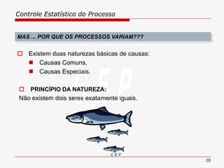 Controle Estatístico do Processo
C E P
28
 PRINCÍPIO DA NATUREZA:
Não existem dois seres exatamente iguais.
MAS ... POR QUE OS PROCESSOS VARIAM???
 Existem duas naturezas básicas de causas:
 Causas Comuns,
 Causas Especiais.
 