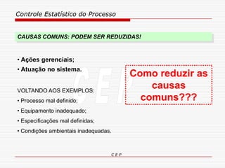 Controle Estatístico do Processo
C E P
CAUSAS COMUNS: PODEM SER REDUZIDAS!
• Ações gerenciais;
• Atuação no sistema.
VOLTANDO AOS EXEMPLOS:
• Processo mal definido;
• Equipamento inadequado;
• Especificações mal definidas;
• Condições ambientais inadequadas.
Como reduzir as
causas
comuns???
 