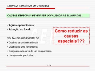 Controle Estatístico do Processo
C E P
CAUSAS ESPECIAIS: DEVEM SER LOCALIZADAS E ELIMINADAS!
• Ações operacionais;
• Atuação no local.
VOLTANDO AOS EXEMPLOS:
• Queima de uma resistência;
• Quebra de uma ferramenta;
• Desgaste excessivo de um equipamento;
• Um operador particular.
Como reduzir as
causas
especiais???
 
