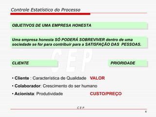 Controle Estatístico do Processo
C E P
4
OBJETIVOS DE UMA EMPRESA HONESTA
Uma empresa honesta SÓ PODERÁ SOBREVIVER dentro de uma
sociedade se for para contribuir para a SATISFAÇÃO DAS PESSOAS.
CLIENTE PRIORIDADE
• Cliente : Característica de Qualidade VALOR
• Colaborador: Crescimento do ser humano
• Acionista: Produtividade CUSTO/PREÇO
 