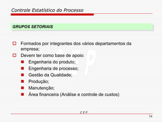 Controle Estatístico do Processo
C E P
74
GRUPOS SETORIAIS
 Formados por integrantes dos vários departamentos da
empresa;
 Devem ter como base de apoio:
 Engenharia do produto;
 Engenharia de processo;
 Gestão da Qualidade;
 Produção;
 Manutenção;
 Área financeira (Análise e controle de custos)
 