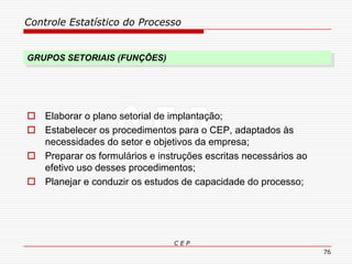 Controle Estatístico do Processo
C E P
76
GRUPOS SETORIAIS (FUNÇÕES)
 Elaborar o plano setorial de implantação;
 Estabelecer os procedimentos para o CEP, adaptados às
necessidades do setor e objetivos da empresa;
 Preparar os formulários e instruções escritas necessários ao
efetivo uso desses procedimentos;
 Planejar e conduzir os estudos de capacidade do processo;
 
