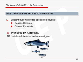 Controle Estatístico do Processo
C E P
23
 PRINCÍPIO DA NATUREZA:
Não existem dois seres exatamente iguais.
MAS ... POR QUE OS PROCESSOS VARIAM???
 Existem duas naturezas básicas de causas:
◼ Causas Comuns,
◼ Causas Especiais.
 