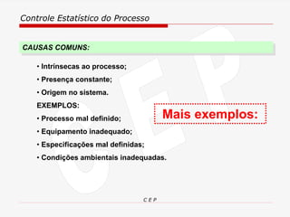 Controle Estatístico do Processo
C E P
• Intrínsecas ao processo;
• Presença constante;
• Origem no sistema.
EXEMPLOS:
• Processo mal definido;
• Equipamento inadequado;
• Especificações mal definidas;
• Condições ambientais inadequadas.
CAUSAS COMUNS:
Mais exemplos:
 