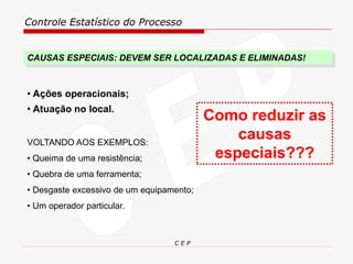 Controle Estatístico do Processo
C E P
CAUSAS ESPECIAIS: DEVEM SER LOCALIZADAS E ELIMINADAS!
• Ações operacionais;
• Atuação no local.
VOLTANDO AOS EXEMPLOS:
• Queima de uma resistência;
• Quebra de uma ferramenta;
• Desgaste excessivo de um equipamento;
• Um operador particular.
Como reduzir as
causas
especiais???
 