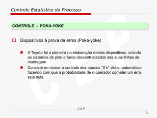 Controle Estatístico do Processo
C E P
3
 Dispositivos à prova de erros (Poka-yoke)
◼ A Toyota foi a pioneira na elaboração destes dispositivos, criando
os sistemas de pino e furos descentralizados nas suas linhas de
montagem.
◼ Consiste em tornar o controle dos poucos “X’s” vitais, automático;
fazendo com que a probabilidade de o operador cometer um erro
seja nula.
CONTROLE - POKA-YOKE
 