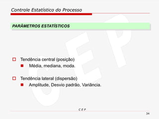 Controle Estatístico do Processo
C E P
34
PARÂMETROS ESTATÍSTICOS
 Tendência central (posição)
◼ Média, mediana, moda.
 Tendência lateral (dispersão)
◼ Amplitude, Desvio padrão, Variância.
 