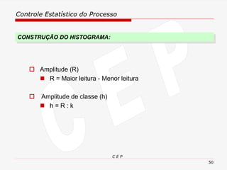 Controle Estatístico do Processo
C E P
50
 Amplitude (R)
◼ R = Maior leitura - Menor leitura
 Amplitude de classe (h)
◼ h = R : k
CONSTRUÇÃO DO HISTOGRAMA:
 